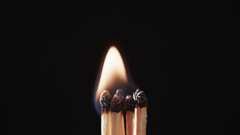 Video-of-close-up-of-matches-with-yellow-fire-flame-and-copy-space-on-black-background