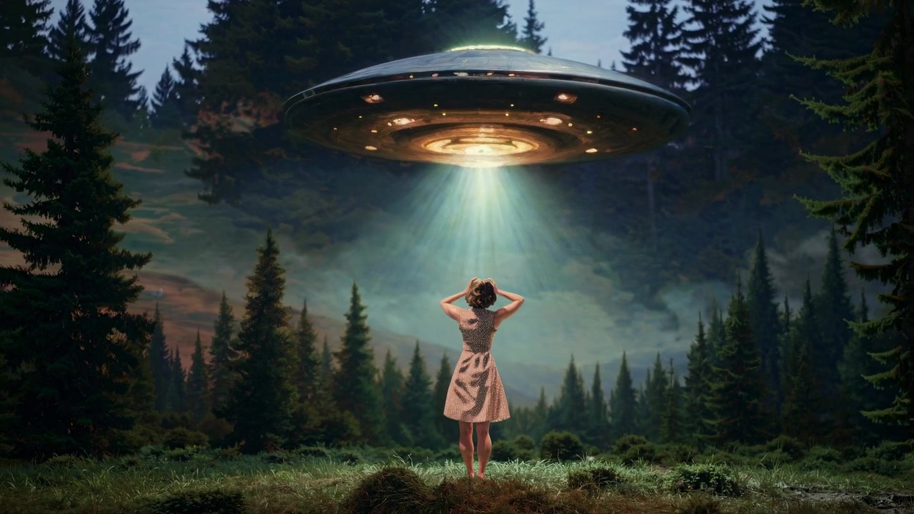 Wanita Berdiri di Hutan Melihat UFO Bercahaya di Atas