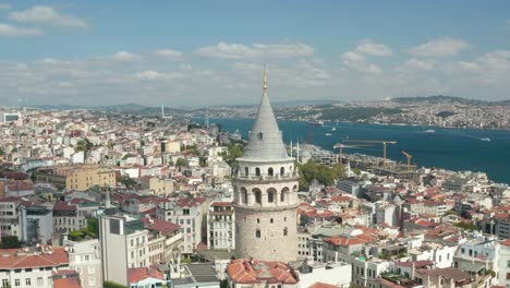 galata tower in the heart of istanbul city on a beautiful blue sky day, aerial view from above