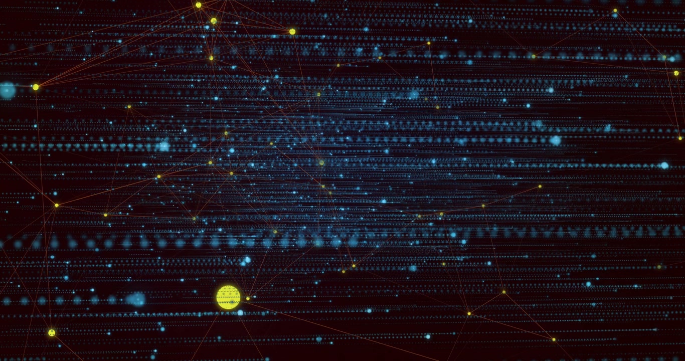 Abstract data field responding to blue glows pulsing, forming clusters and showing data density