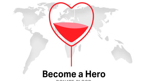 animación del icono de la donación de sangre y texto sobre el mapa del mundo