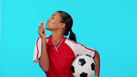 Sports-medal,-kiss-or-excited-woman-with-soccer