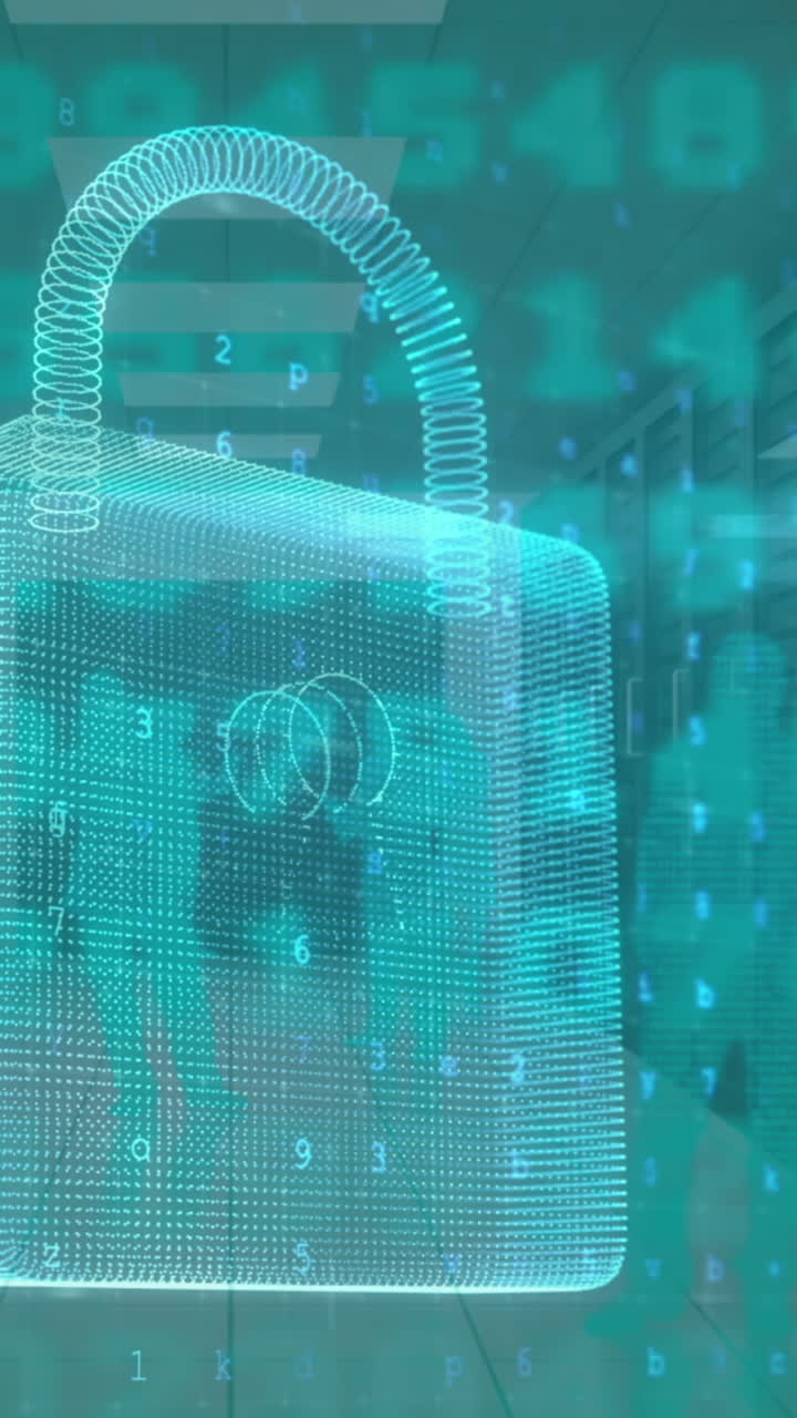 animación de advertencia de ataque cibernético y candado sobre siluetas de personas en la sala del servidor