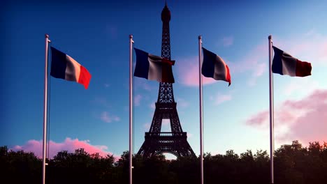 the flag of france. beautiful animation of the french flag on the background of blue sky, clouds and eiffel tower on a sunrise