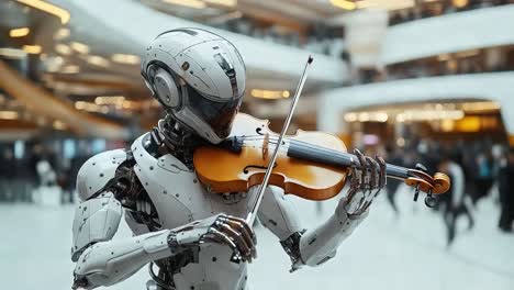 robot playing violin in a mall