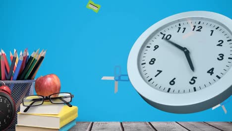 animation of moving clock and school items with icons on blue background