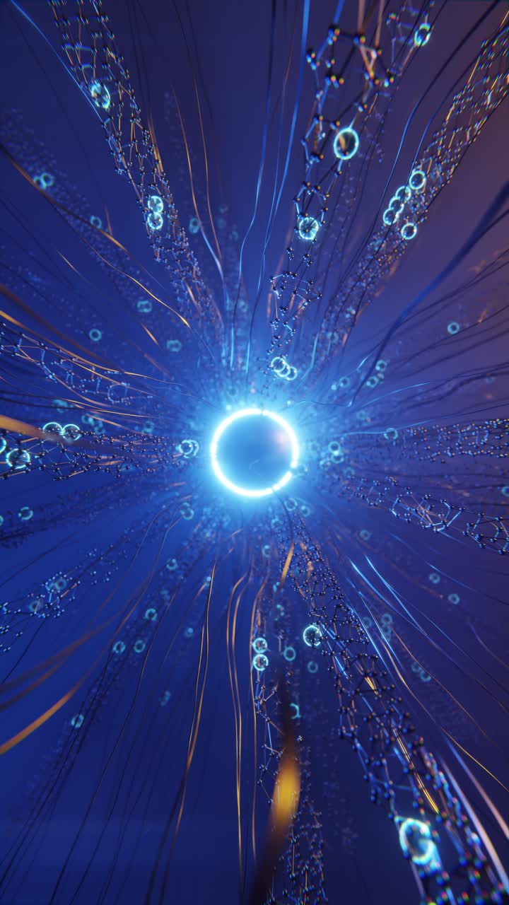 Virtual network with glowing center. 3d animation render