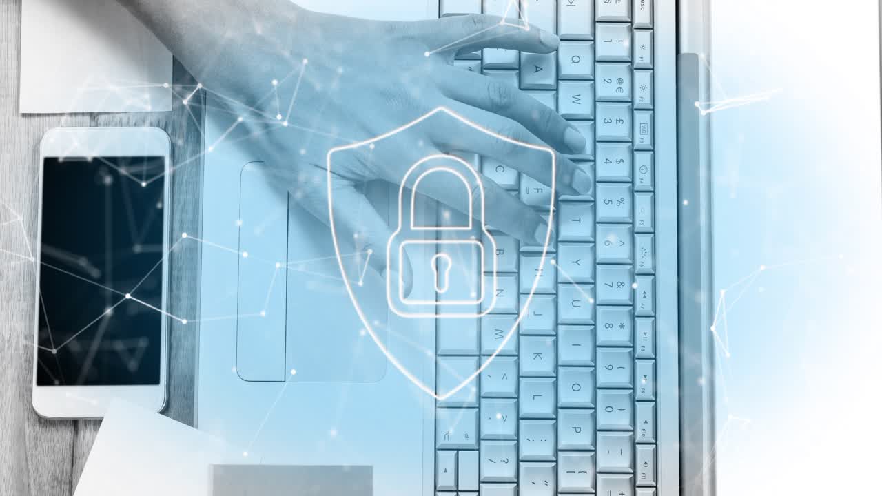 Network lines appearing around devices while hand pressing keys, fading shield reinforcing security