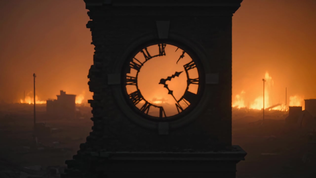 Torre dell'orologio con il tempo che passa e le lancette che avanzano, incendi urbani e fumo tremolante.