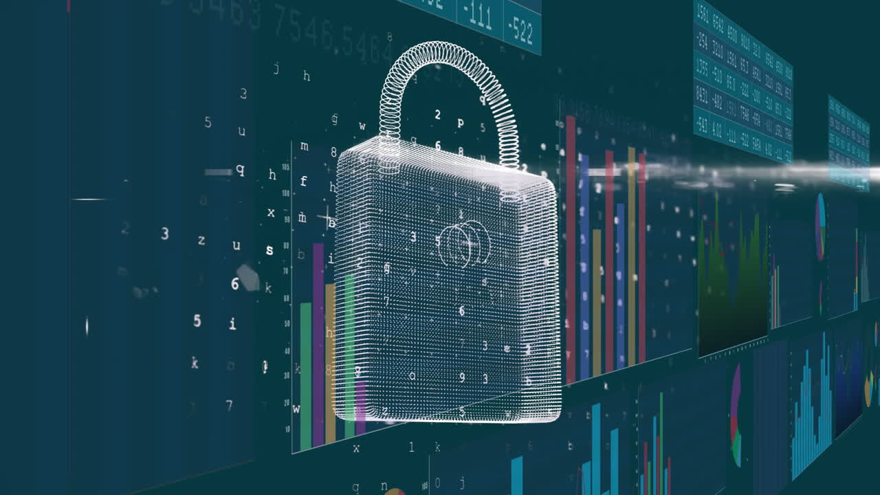 Digital lock animation over colorful bar graphs and numerical data