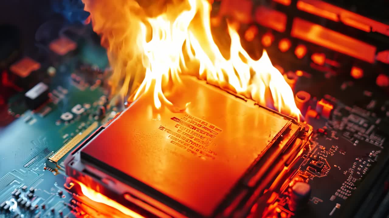 컴퓨터 마더보드가 불타고 연기가 나옵니다.