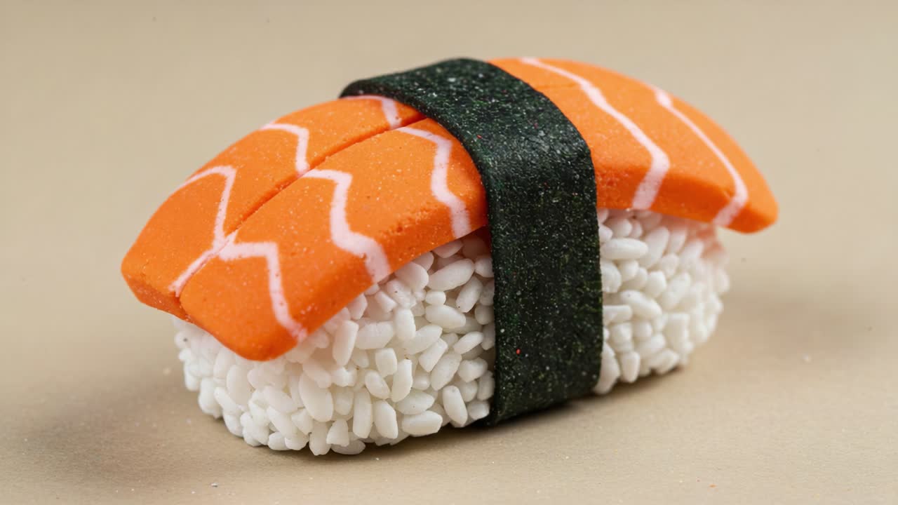 Deliciously Crafted Sushi Treat: A Close-Up Look at an Adorable Sushi Model Featuring Salmon, Rice, and Seaweed, Perfect for Food Lovers and Miniature Collectors