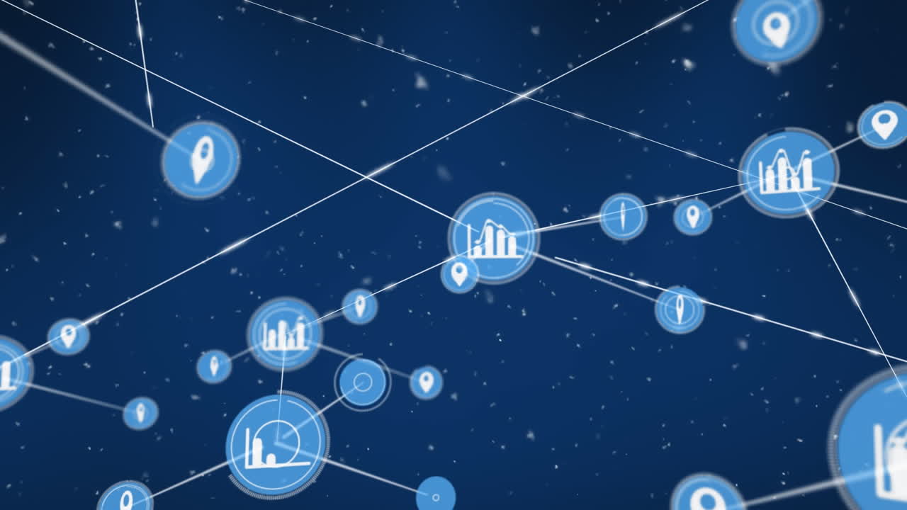 Animation of gps and graph icons connecting with lines and digital snow falling over blue background
