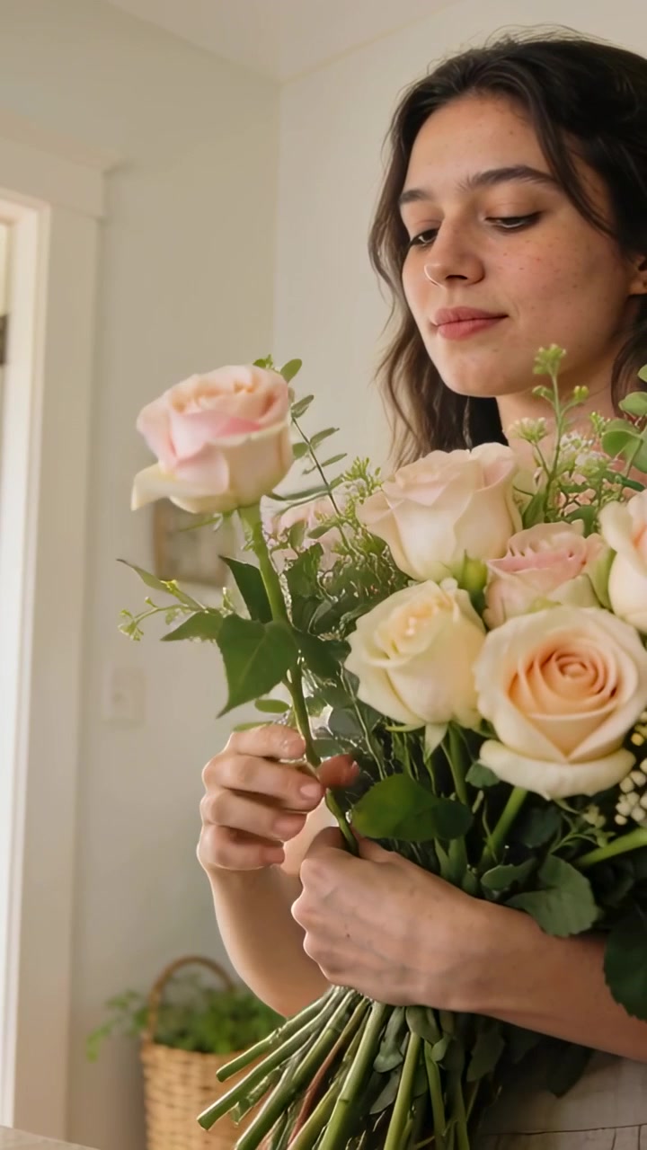 Video verticale: Reagendo al sole, donna in abito leggero che sistema rose pallide all'ingresso di casa per presentare.