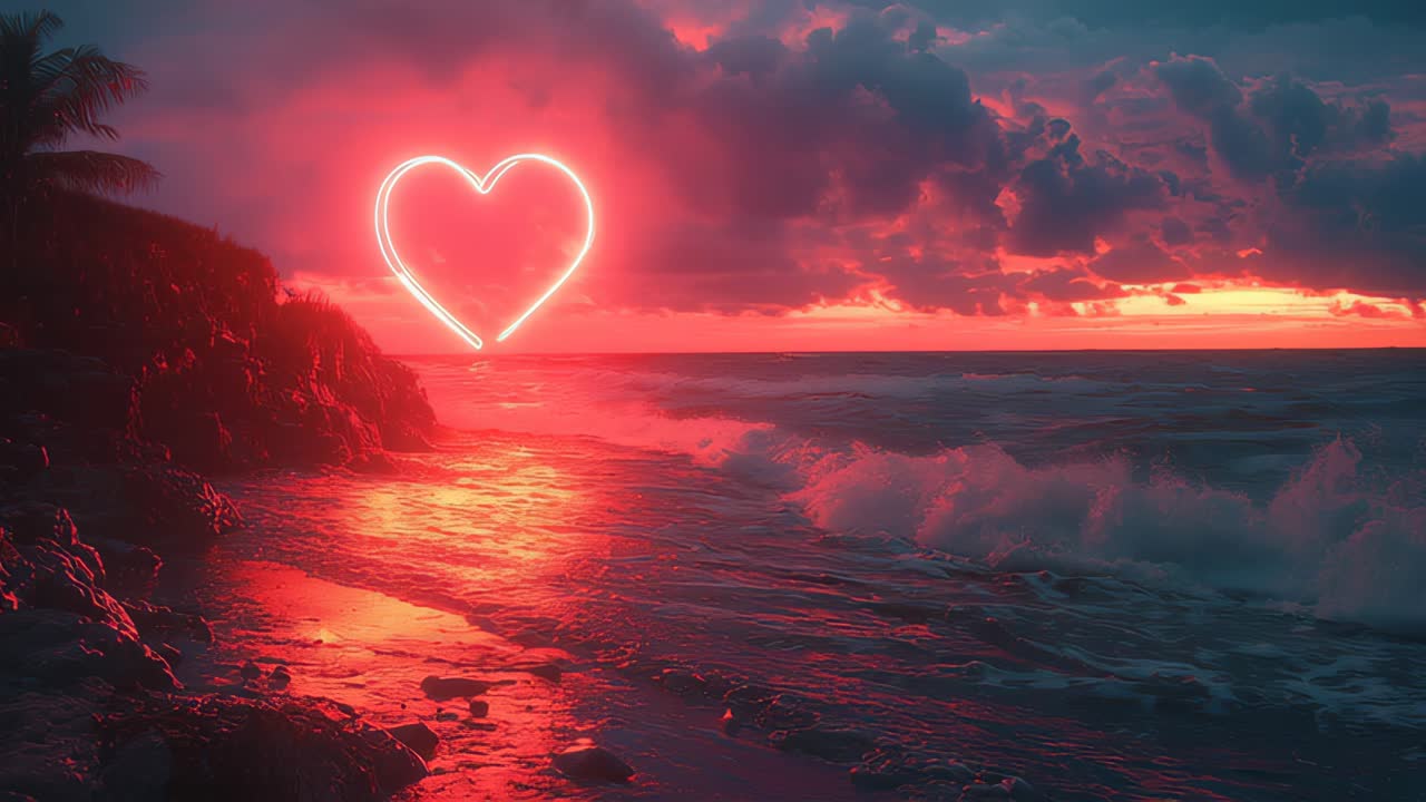 Heart-shaped light over water with palm trees