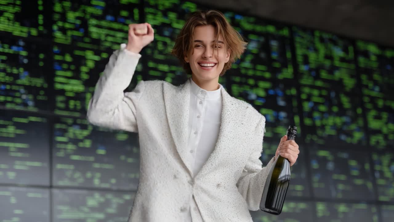 Celebratory Moment: Young Individual in Elegant White Suit Raising a Champagne Bottle, Capturing Joy and Triumph Against a Vibrant Digital Background