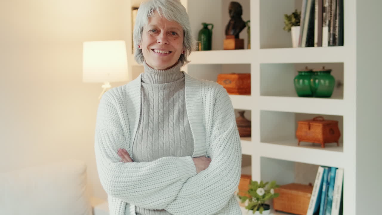 Happy Senior Woman with Grey Hair Smiling and Crossing Arms