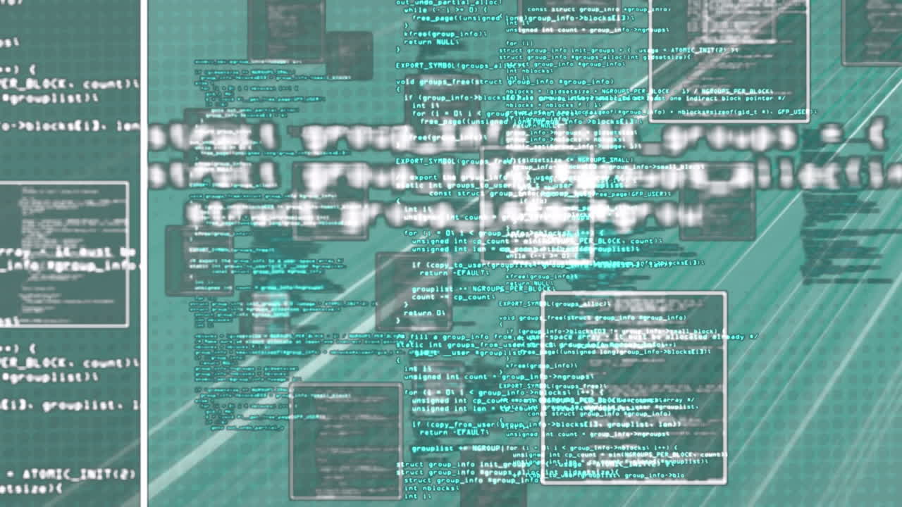Digital animation of data processing and multiple square shapes floating against green background