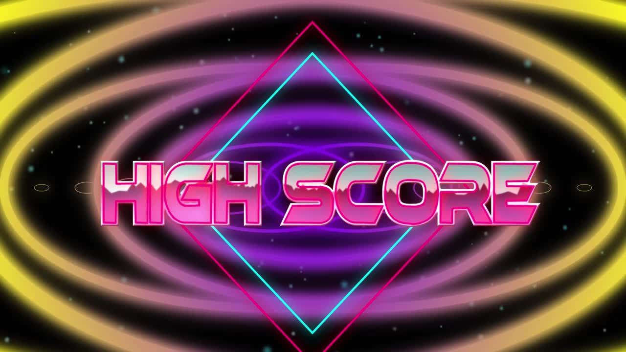 Animation of high score text over moving shapes on black background