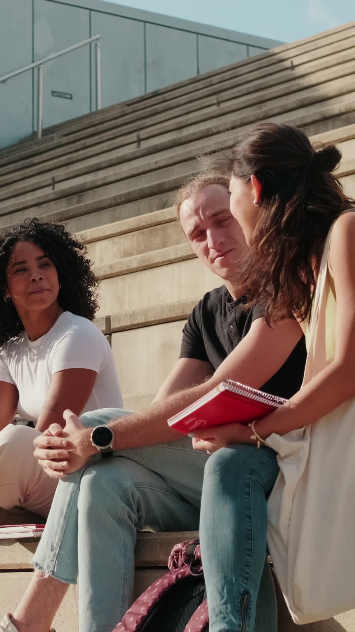 Vista laterale di un gruppo di amici millennial di diversa provenienza che ridono all'aperto