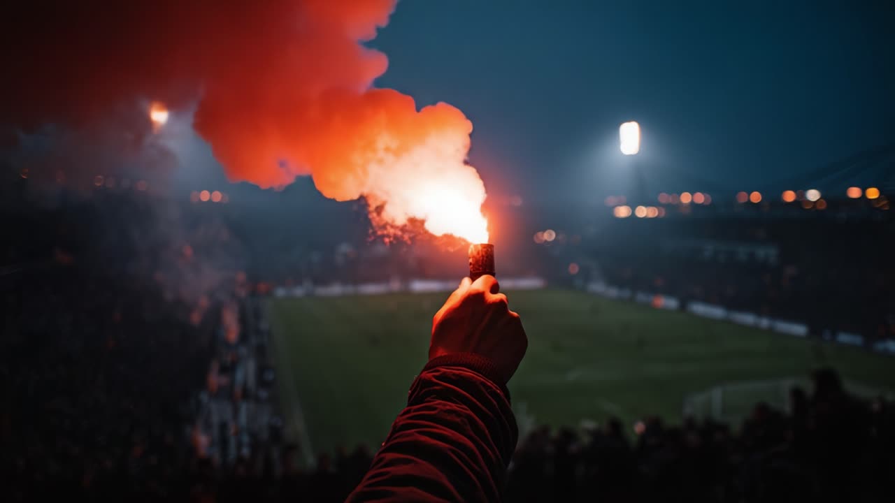 En spektakulær manifestation af passion: Fans oplyser natten med blussende røg under et intenst øjeblik på stadion, hvor de fejrer deres hold i spektakulære farver