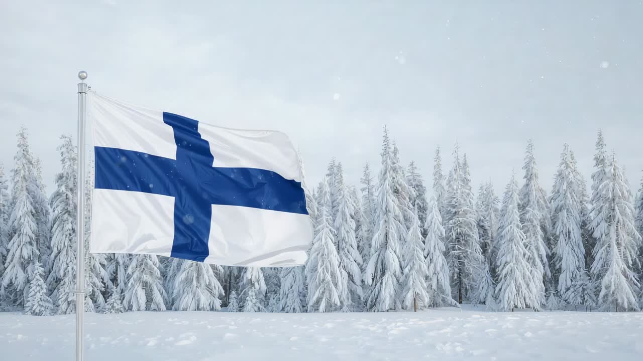 Billowing flag bearing blue Nordic cross on pole in snowy clearing, wind causing folds, copy space
