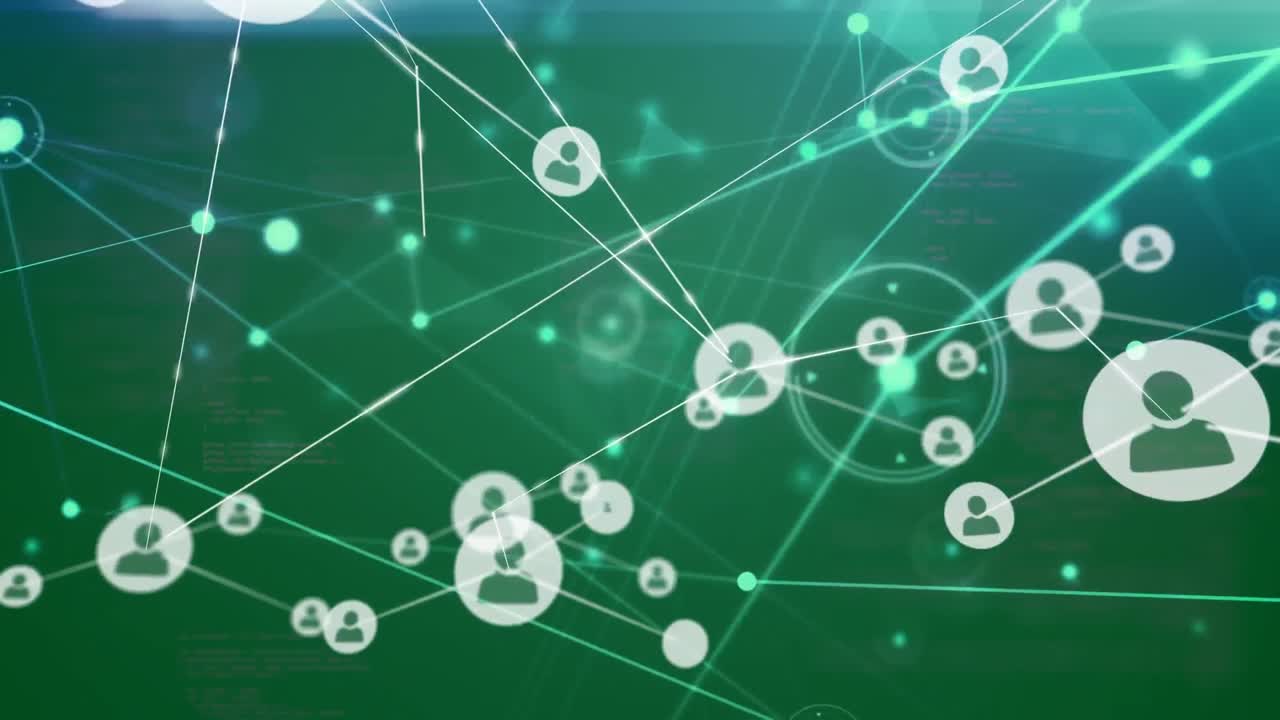 녹색 배경 위에 있는 사람 아이콘과 연결된 네트워크의 애니메이션