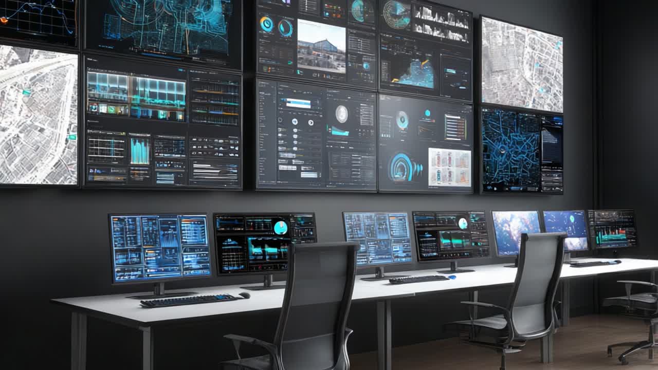 Configurazione avanzata di sala controllo con più monitor che mostrano analisi dei dati in tempo reale e visualizzazioni in un ambiente ad alta tecnologia