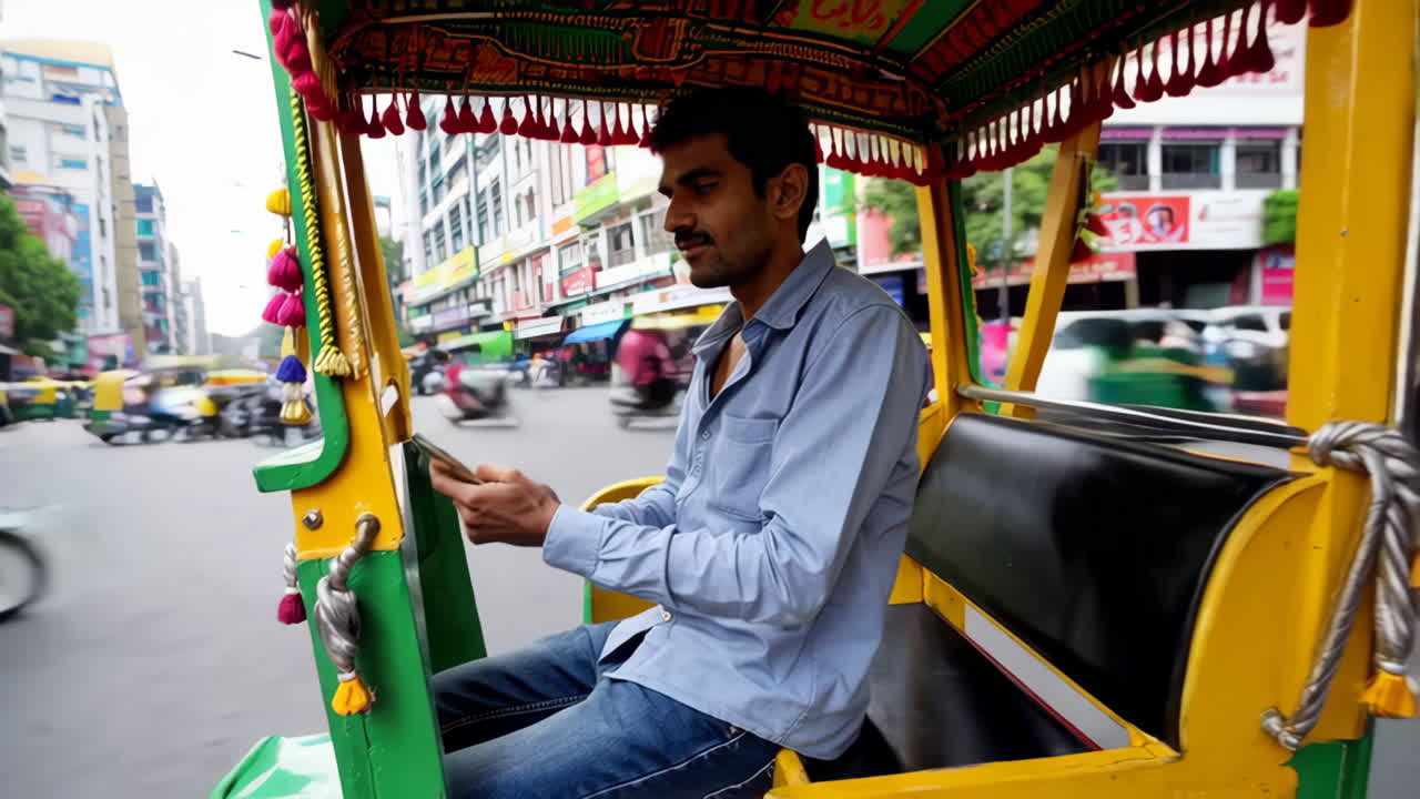 Man using smartphone while riding an auto-rickshaw on a busy city street