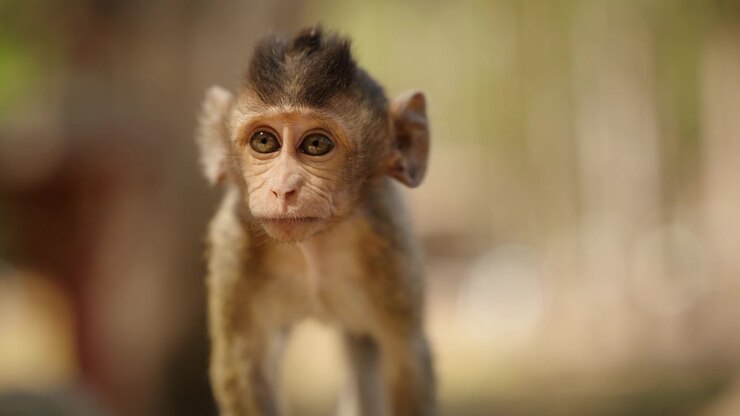Baby long tailed macaque staring curiously near Angkor Wat temple forest