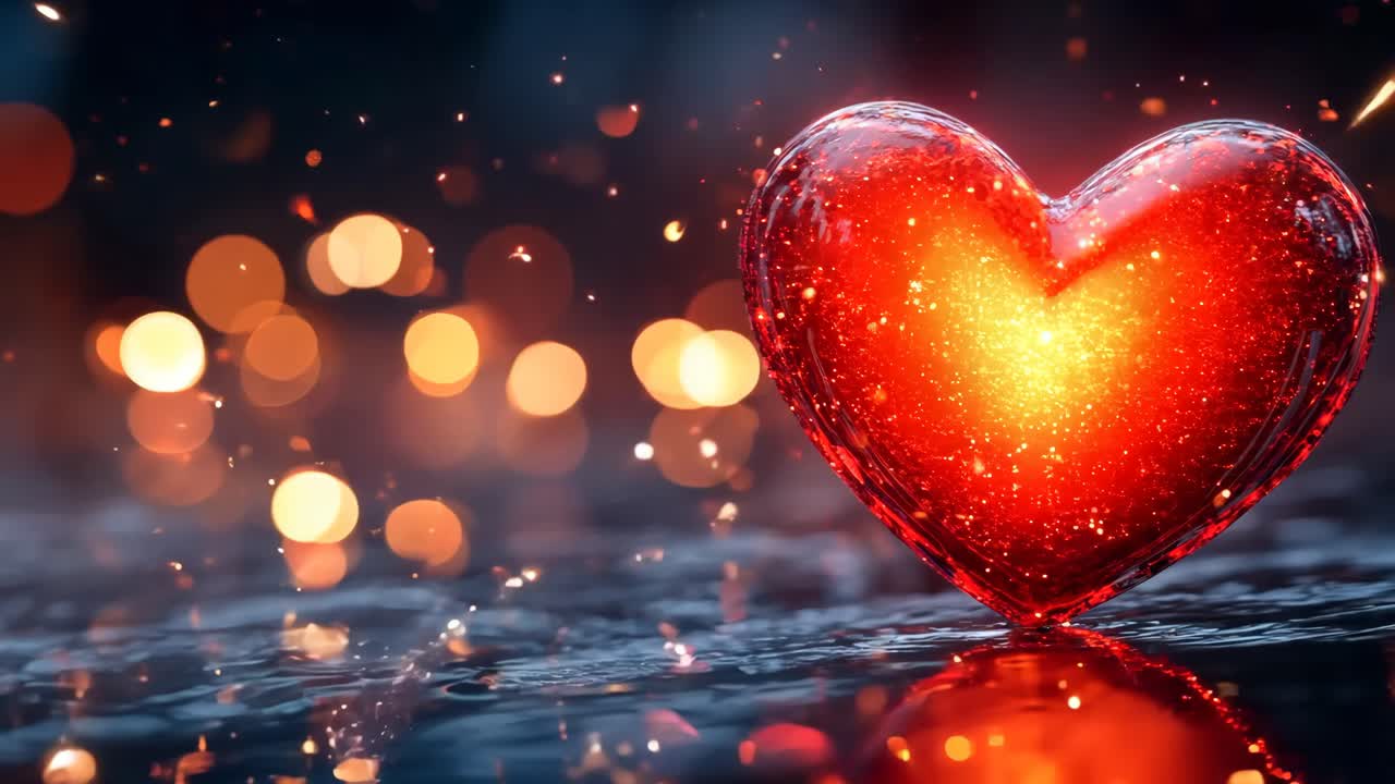 A heart is lit up with fire and surrounded by a blurry background. Concept of warmth and love, as the heart is the symbol of love and the fire represents passion and intensity
