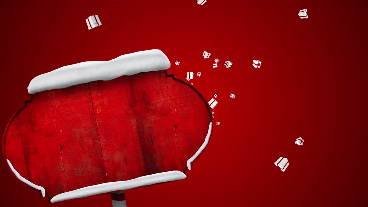Red wooden sign post over multiple christmas gift icons floating against red background