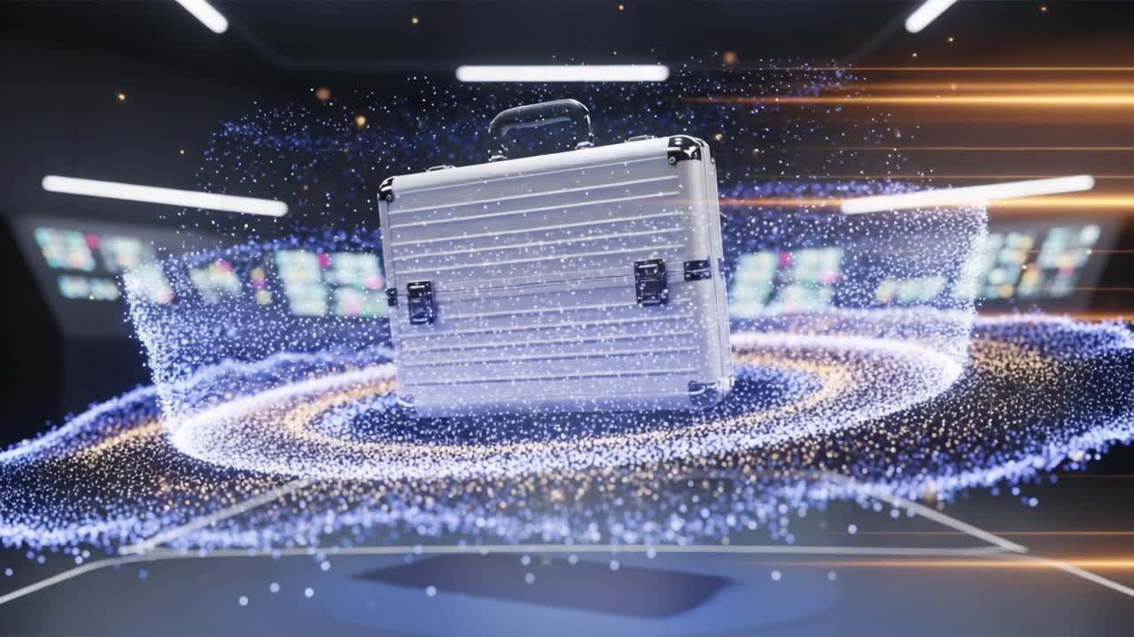 A Futuristic Metallic Briefcase Surrounded by a Whirlwind of Glowing Particles in a High-Tech Environment Illustrating Innovation and Security