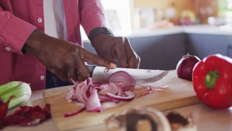 Mid-section-of-senior-african-american-man-spending-time-in-log-cabin,-cooking-in-kitchen