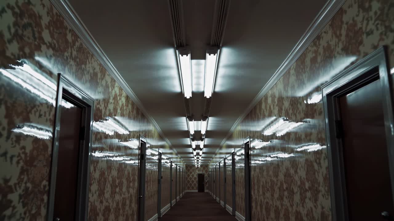 Empty Hotel Corridor with Floral Wallpaper