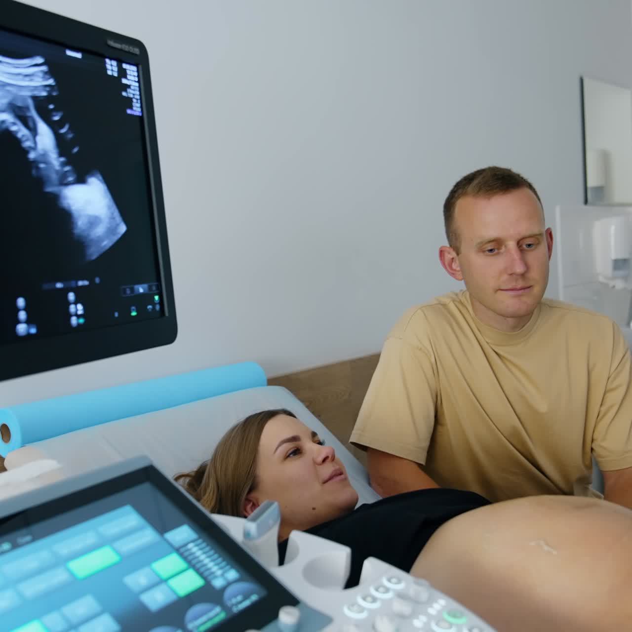 Ultrasound medical examining. Professional hospital diagnostic pregnant woman