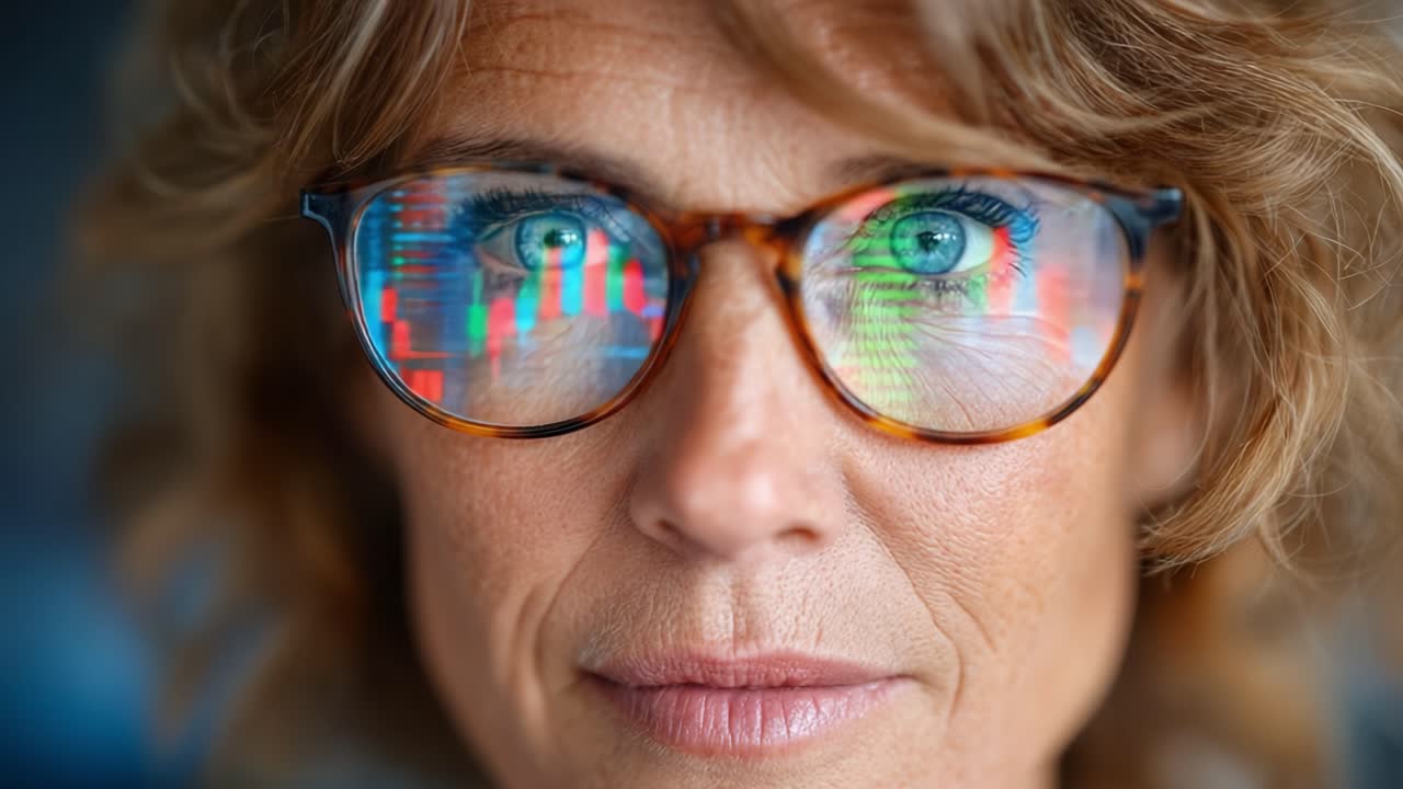 Focused and Insightful: A Close-Up View of a Woman with Glasses Reflecting Vibrant Data Visualizations, Capturing an Intense Moment of Analysis and Observation
