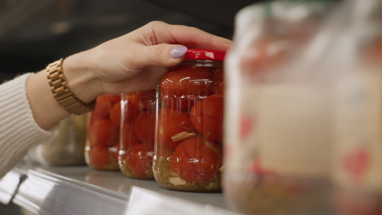 Close up of female customer hands adjusting transparent glass jar of tomatoes on metal shelf rails in supermarket aisle highlighting polished nails wrist watch blurred bright busy grocery background