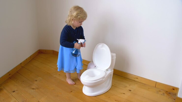 Child spraying liquid in a potty toilet