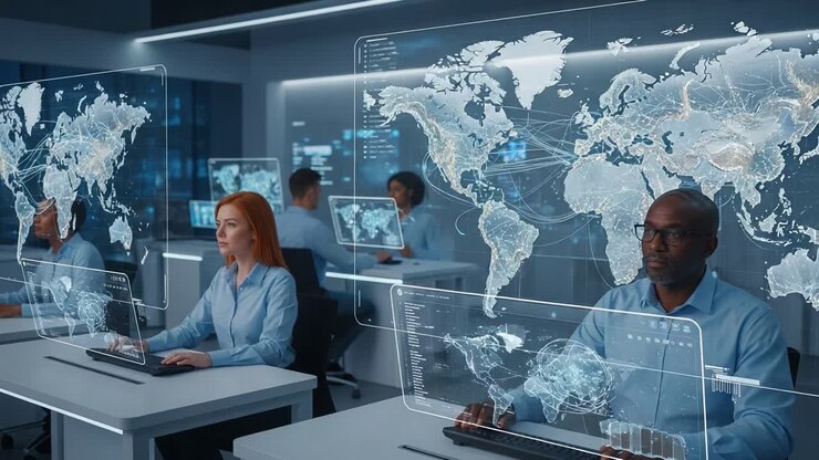 Professional Team Analyzing Global Data: Advanced Technology in Action at a Modern Office with Interactive Displays and Detailed World Maps