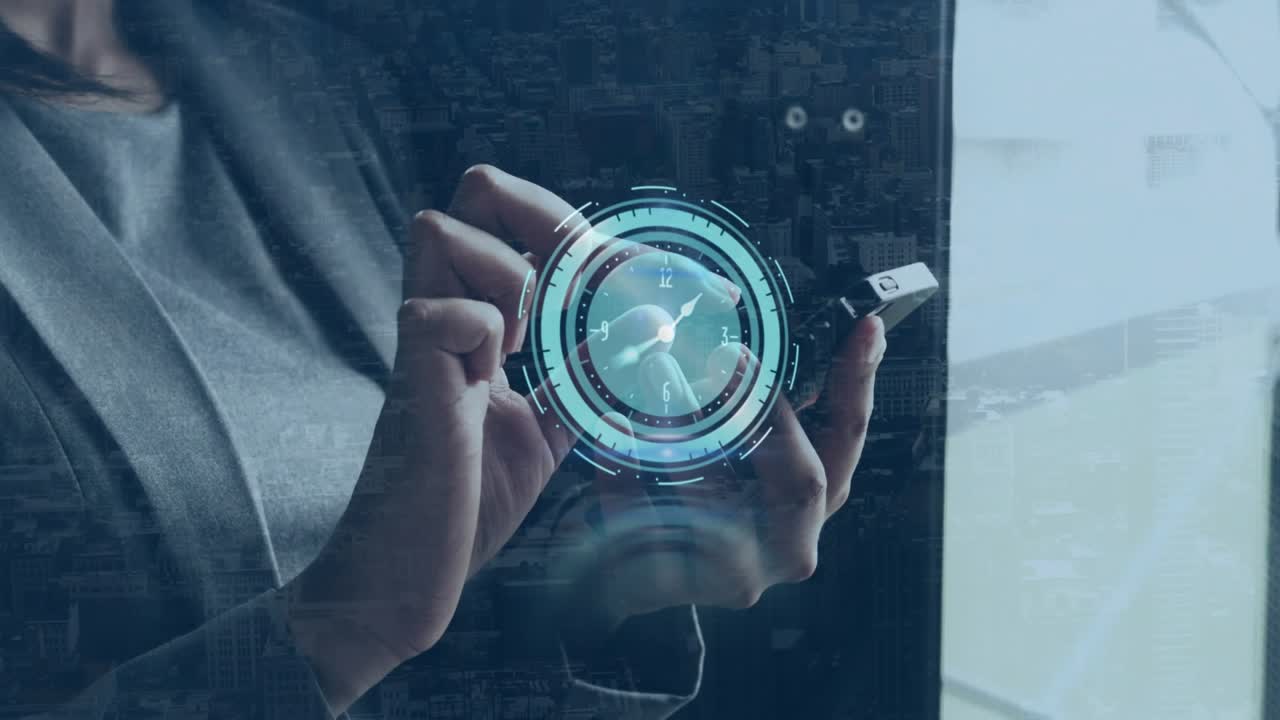 Animation of clock moving over hands of caucasian businesswoman using smartphone