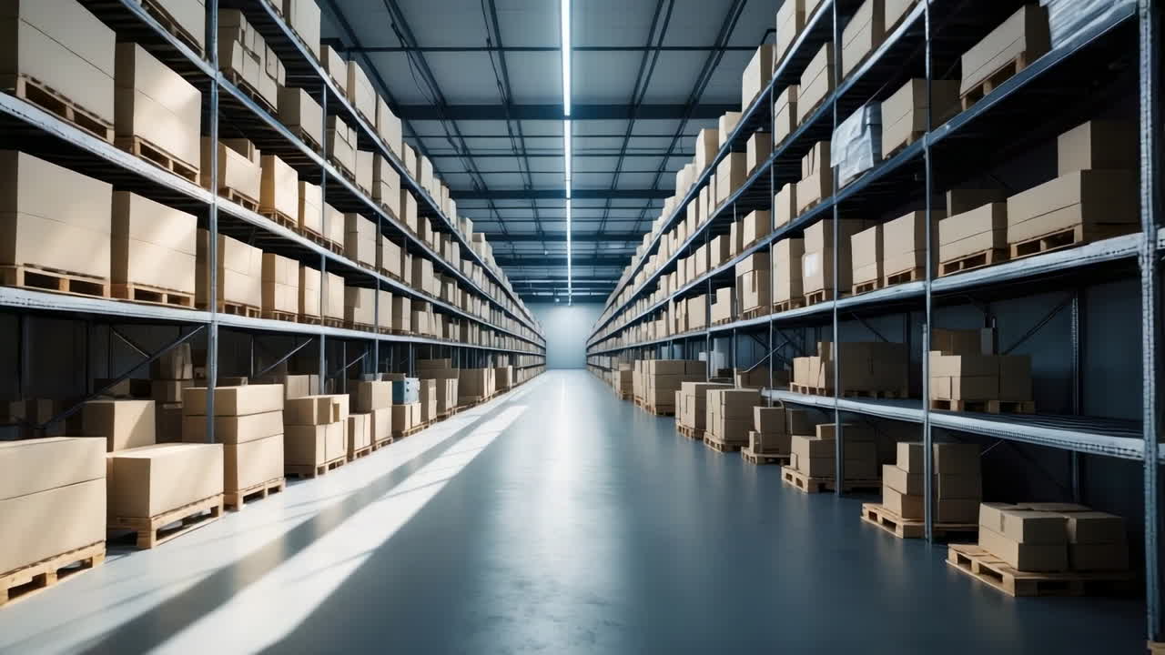 Empty Warehouse Aisle with Stacks of Cardboard Boxes on Shelves