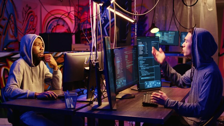 Hackers writing lines of code