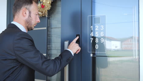 business man locking smart home door with password before leaving