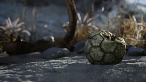 una vieja pelota de fútbol rota arrojada yace en la arena de la playa del mar