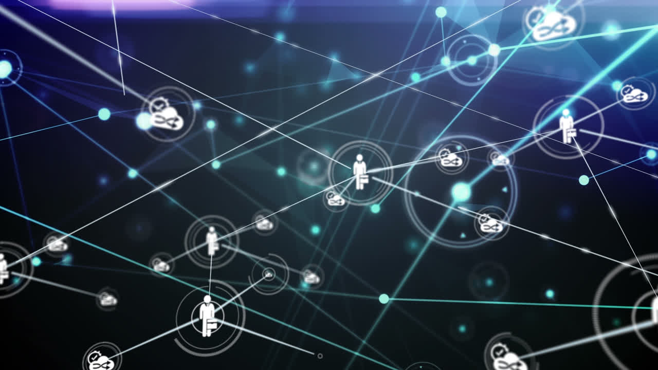 animación de redes de conexiones con iconos en fondo negro