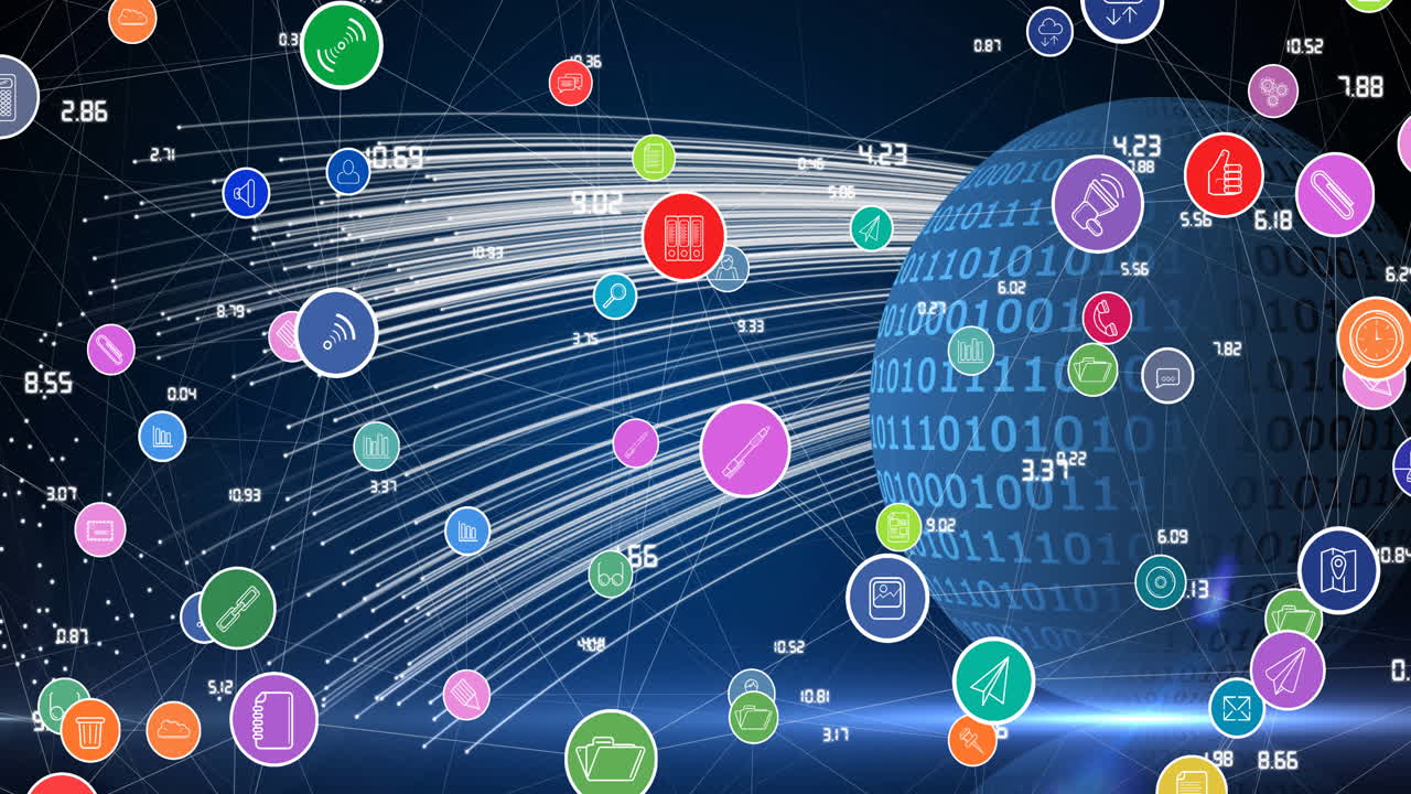 Animation of network of connections with digital icons over globe in background