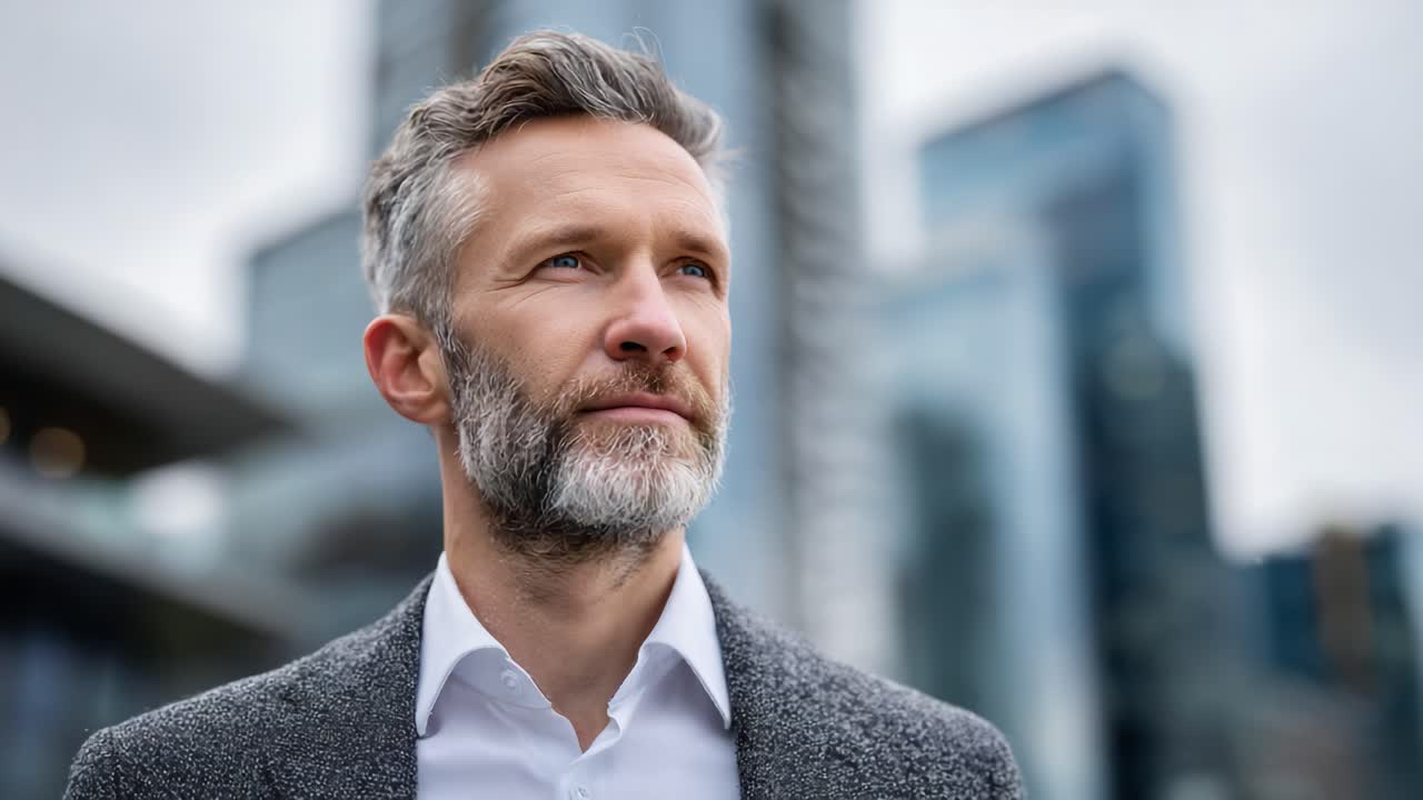 A Pensive Professional Man with a Stylish Beard in an Urban Setting, Captured in a Moment of Reflection Against a Backdrop of Modern Architecture