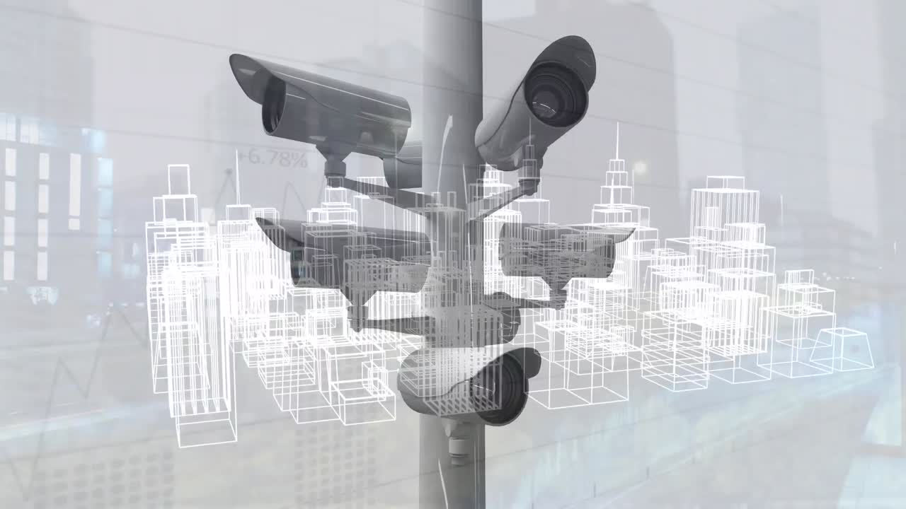Animazione di telecamere di sicurezza su città del metaverso