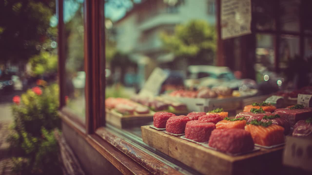 Una vivace esposizione di pesce fresco: sushi e sashimi invitanti nella vetrina di un ristorante, che catturano l'essenza dell'arte culinaria e delle prelibatezze saporite